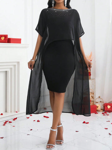 Ladies' Round Neck Embellished Mesh Top And Skirt Set