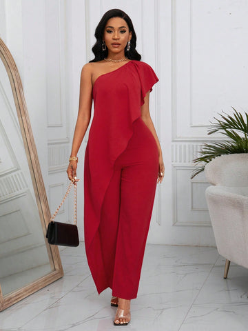 Ladies' Solid Color Asymmetric Neckline Ruffle Trim Jumpsuit