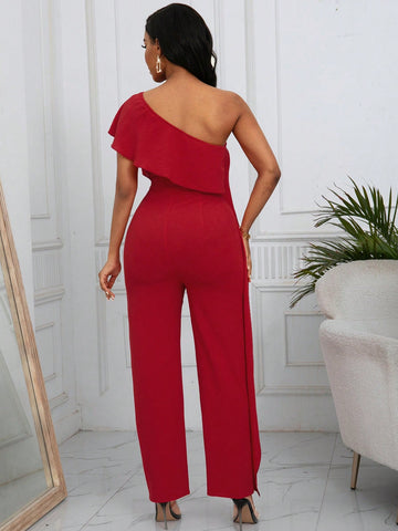 Ladies' Solid Color Asymmetric Neckline Ruffle Trim Jumpsuit