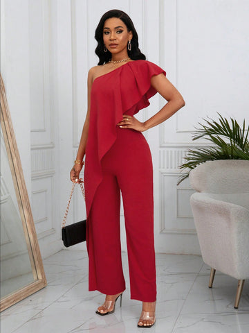 Ladies' Solid Color Asymmetric Neckline Ruffle Trim Jumpsuit