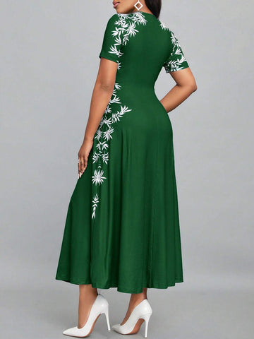 Ladies' Summer Round Neck Short Sleeve Elegant Long Dress With Botanical Print