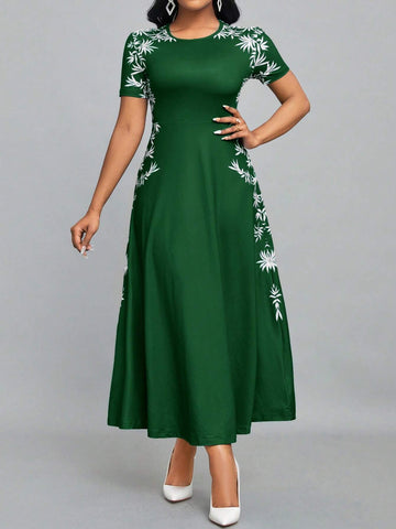 Ladies' Summer Round Neck Short Sleeve Elegant Long Dress With Botanical Print