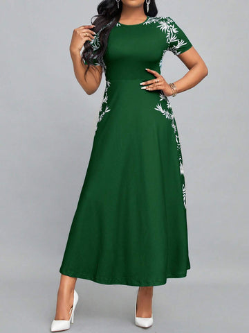 Ladies' Summer Round Neck Short Sleeve Elegant Long Dress With Botanical Print