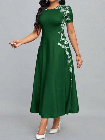 Ladies' Summer Round Neck Short Sleeve Elegant Long Dress With Botanical Print