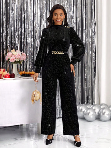 Mock Neck Lantern Sleeve Glitter Jumpsuit Without Belt