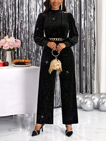 Mock Neck Lantern Sleeve Glitter Jumpsuit Without Belt