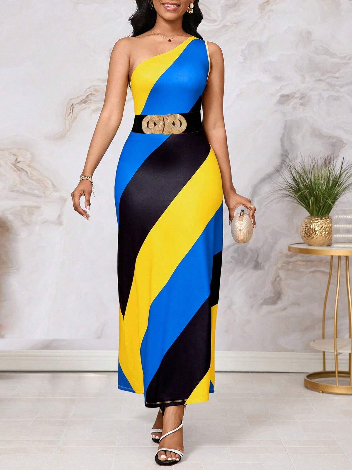 Oblique-Shoulder Stylish Striped & Printed Long Dress For Tall Women, Summer Beachwear
