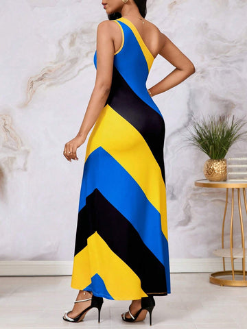 Oblique-Shoulder Stylish Striped & Printed Long Dress For Tall Women, Summer Beachwear
