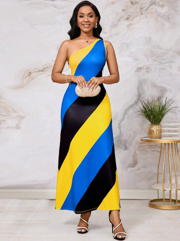Oblique-Shoulder Stylish Striped & Printed Long Dress For Tall Women, Summer Beachwear