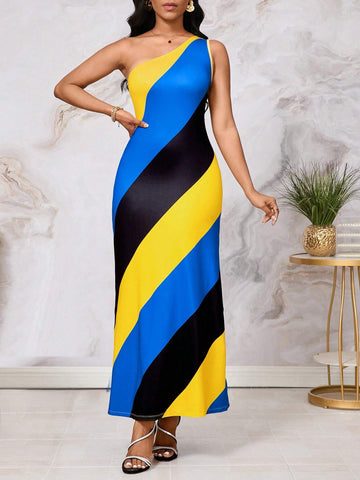 Oblique-Shoulder Stylish Striped & Printed Long Dress For Tall Women, Summer Beachwear