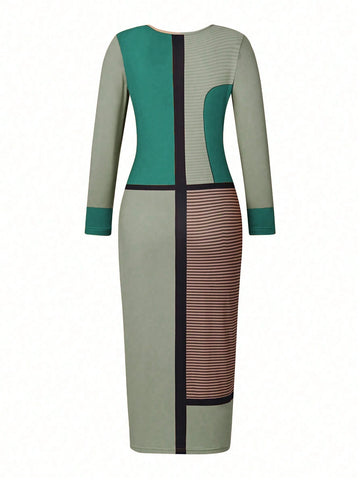 Print Patchwork Slim Fit Long Sleeve Dress