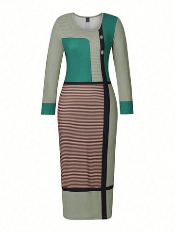 Print Patchwork Slim Fit Long Sleeve Dress