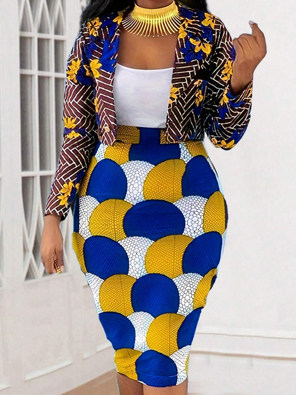 Random Printed Women Vacation Style Spring/Summer Two Piece Set With Long Sleeve Cardigan And Skirt