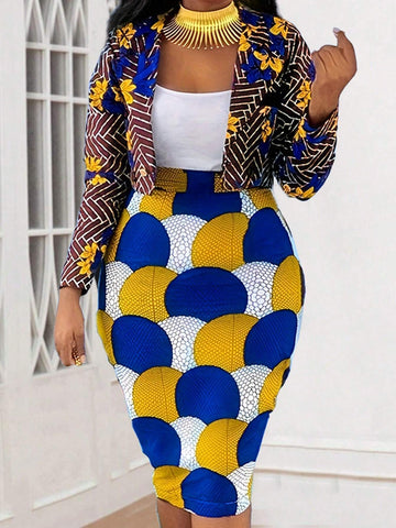 Random Printed Women Vacation Style Spring/Summer Two Piece Set With Long Sleeve Cardigan And Skirt