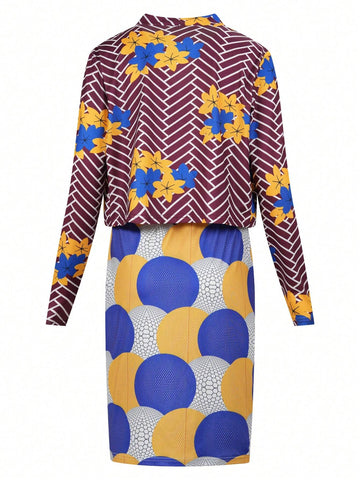 Random Printed Women Vacation Style Spring/Summer Two Piece Set With Long Sleeve Cardigan And Skirt