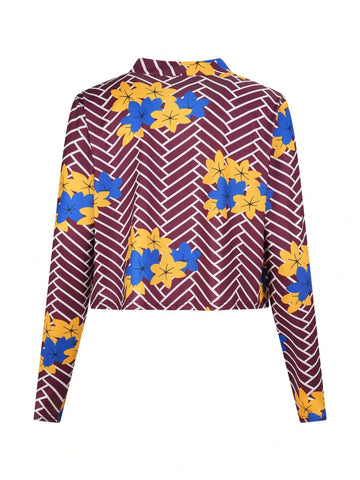 Random Printed Women Vacation Style Spring/Summer Two Piece Set With Long Sleeve Cardigan And Skirt