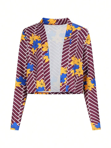 Random Printed Women Vacation Style Spring/Summer Two Piece Set With Long Sleeve Cardigan And Skirt