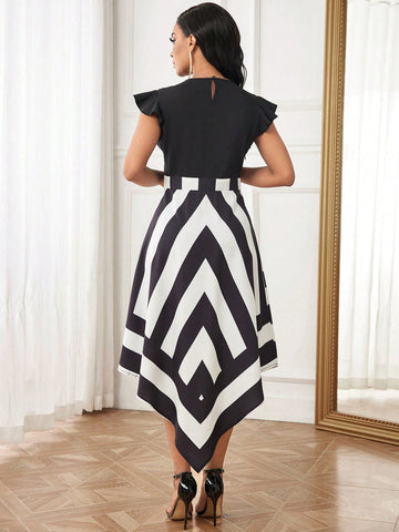 Round Neck Asymmetric Hem Color Blocking Dress