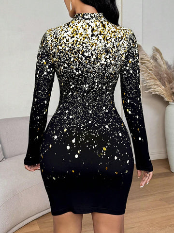 Sexy Women's V-Neck Long Sleeve Glitter Print Fitted Dress