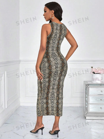 Snake Print Hollow Out Bodycon Dress