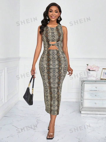 Snake Print Hollow Out Bodycon Dress