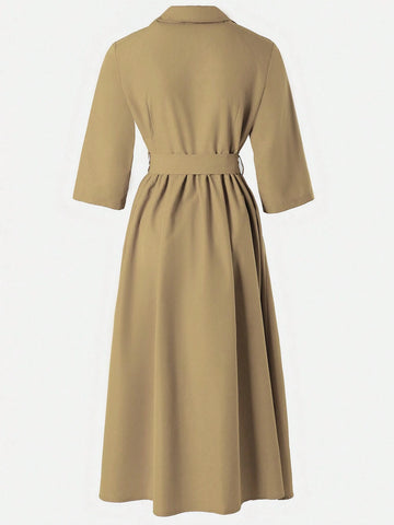 Solid Color Button Front Half Placket Waist Cinched Dress