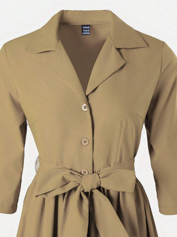 Solid Color Button Front Half Placket Waist Cinched Dress