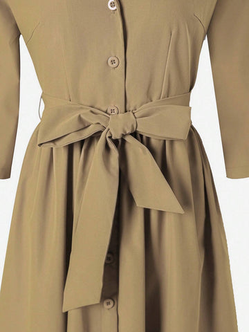 Solid Color Button Front Half Placket Waist Cinched Dress