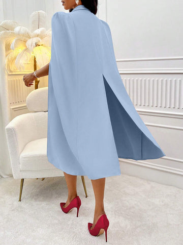 Solid Color Front Button, Front Short Back Long Cape Sleeve Elegant Dress