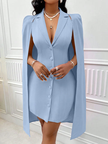 Solid Color Front Button, Front Short Back Long Cape Sleeve Elegant Dress