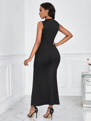 Solid Color Round Neck Asymmetrical Hem Overall Dress