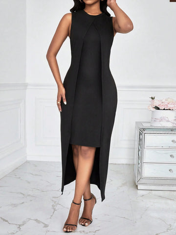 Solid Color Round Neck Asymmetrical Hem Overall Dress