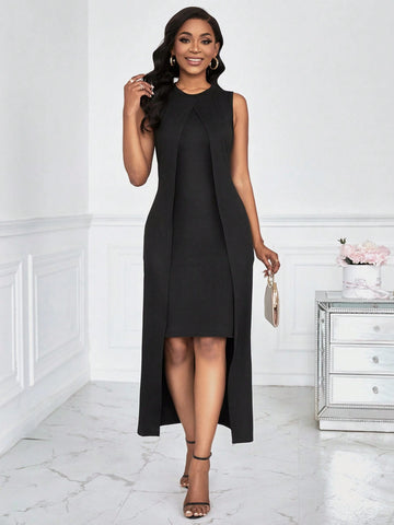 Solid Color Round Neck Asymmetrical Hem Overall Dress