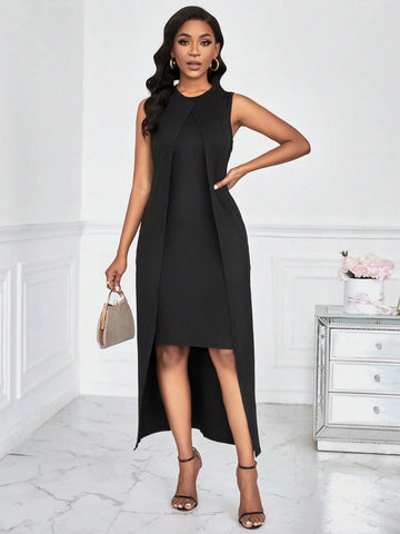 Solid Color Round Neck Asymmetrical Hem Overall Dress