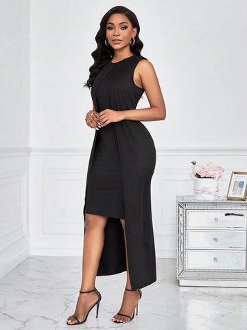 Solid Color Round Neck Asymmetrical Hem Overall Dress