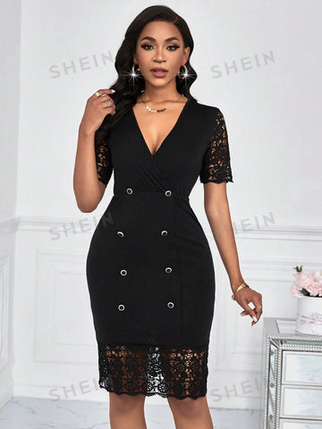 Solid Color Slim Fit Lace Patchwork Front Buttoned Dress