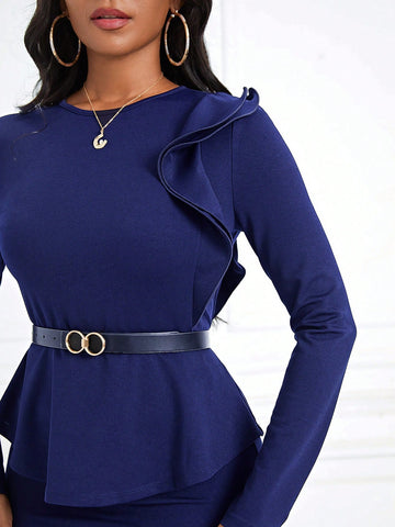 Solid Peplum Top & Split Back Skirt Without Belt