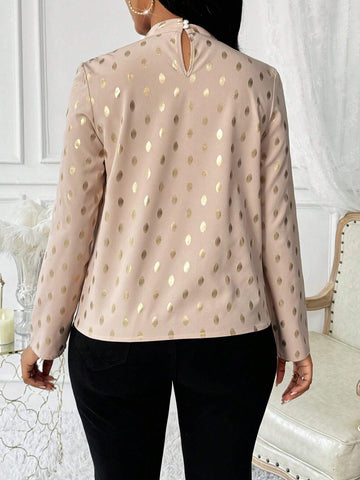 Lady Stand Collar Long Sleeve Polka Dot All-Over Print Shirt, Casual Autumn Wear