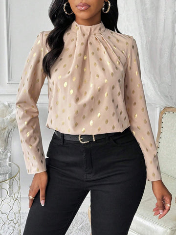 Lady Stand Collar Long Sleeve Polka Dot All-Over Print Shirt, Casual Autumn Wear