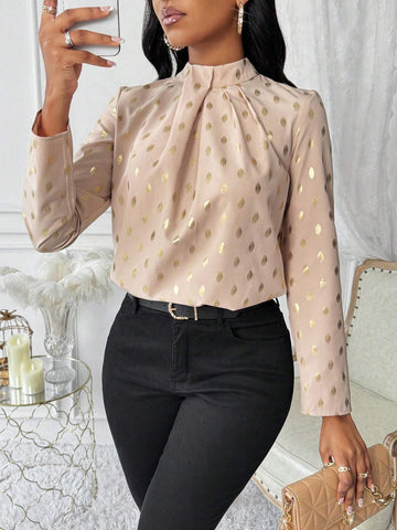 Lady Stand Collar Long Sleeve Polka Dot All-Over Print Shirt, Casual Autumn Wear