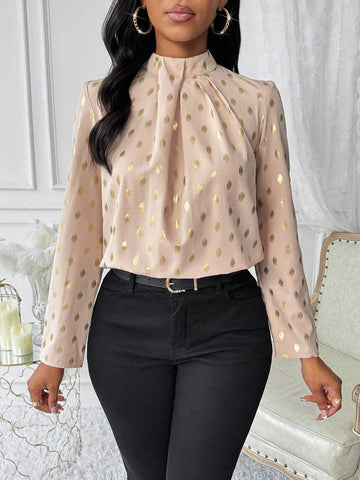 Lady Stand Collar Long Sleeve Polka Dot All-Over Print Shirt, Casual Autumn Wear