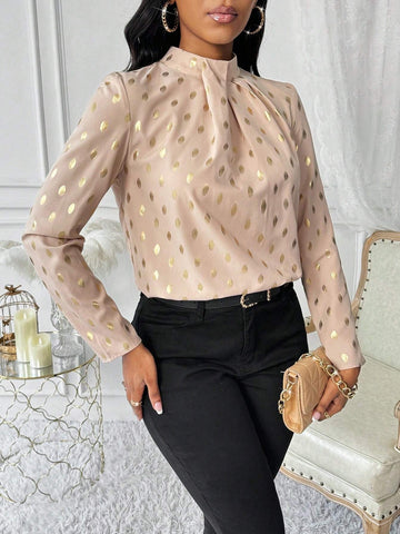 Lady Stand Collar Long Sleeve Polka Dot All-Over Print Shirt, Casual Autumn Wear