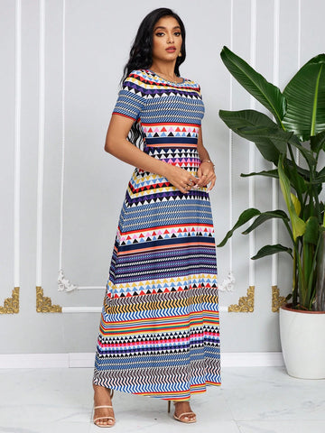 Summer Casual Geometric Printed Short Sleeve Long Dress