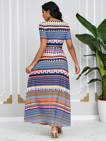 Summer Casual Geometric Printed Short Sleeve Long Dress