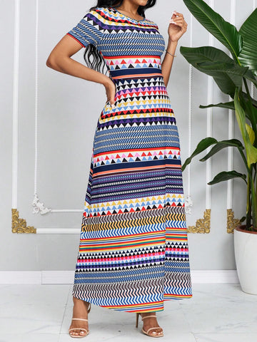 Summer Casual Geometric Printed Short Sleeve Long Dress
