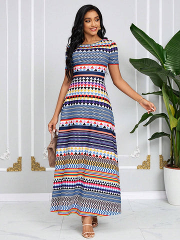 Summer Casual Geometric Printed Short Sleeve Long Dress