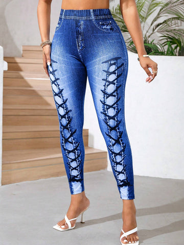 Lady Summer Casual Imitation Denim Printed Leggings