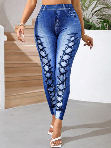 Lady Summer Casual Imitation Denim Printed Leggings