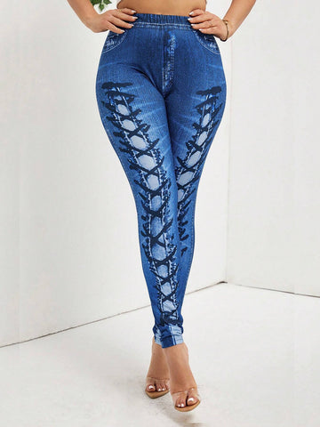 Lady Summer Casual Imitation Denim Printed Leggings