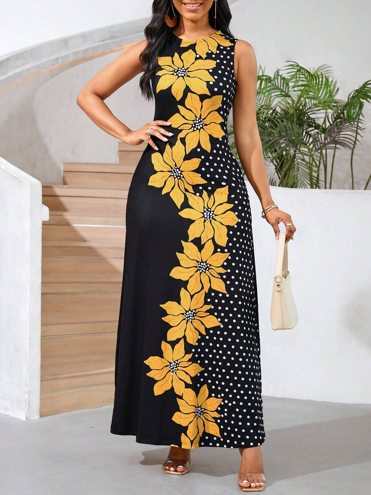 Summer Casual Sleeveless Floral Polka Dot Printed Dress With Color Block Design